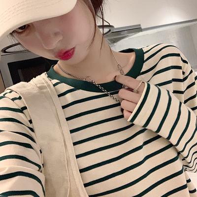 Striped Bottoming Shirt for Women, Autumn and Winter New Retro Round Neck, Loose, Slim, Versatile Long-sleeved T-shirt, Casual Top