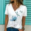 Sommer Kvinner Kortermet V-hals Oversized T-skjorte for kvinner Hvit mote T-skjorte for kvinner 3d Dragonfly Print Topp Uformelle klær