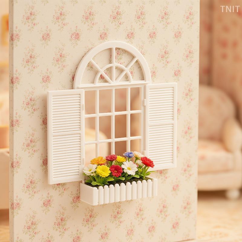 1Pcs Miniature Purple Arched Window Frame Decor 1:12 Scale Dollhouse Window With Flower Box For Diorama Scene & Photography Prop