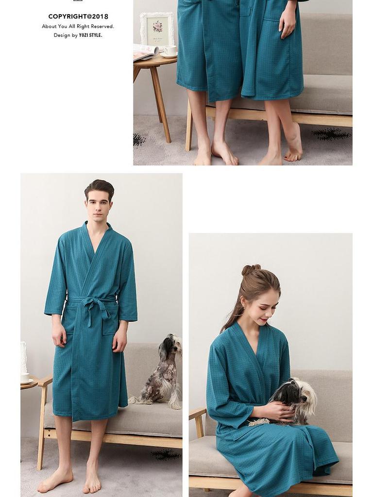 Waffle Pattern Bathrobe Couple Pajamas, Unisex Summer Three-Quarter Sleeve, Korean Style, Polyester & Absorbent.