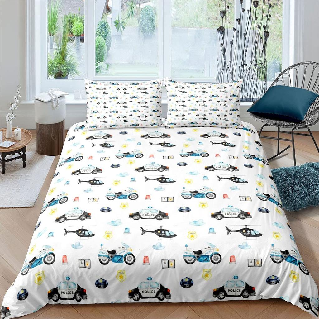 Police Car Duvet Cover Set King Queen Size Polyester Quilt Cover Cartoon Car Pattern For Kids Teens Bedding Set With Pillowcase