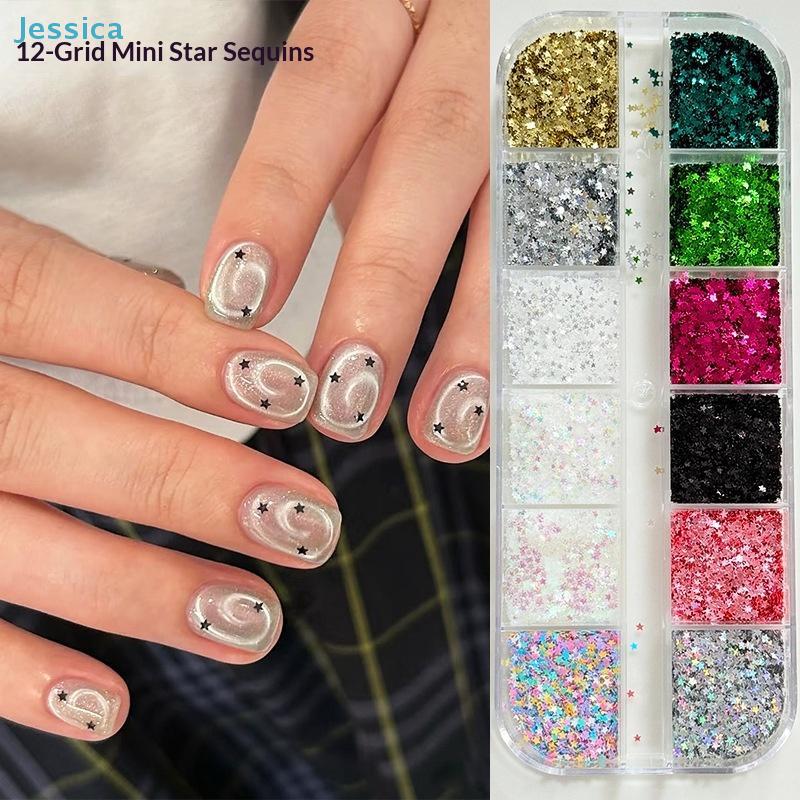 12-Fächer 2mm Sternförmiges Nail Art Glitzer Set | Mehrfarbige Pailletten für Maniküre-Dekor