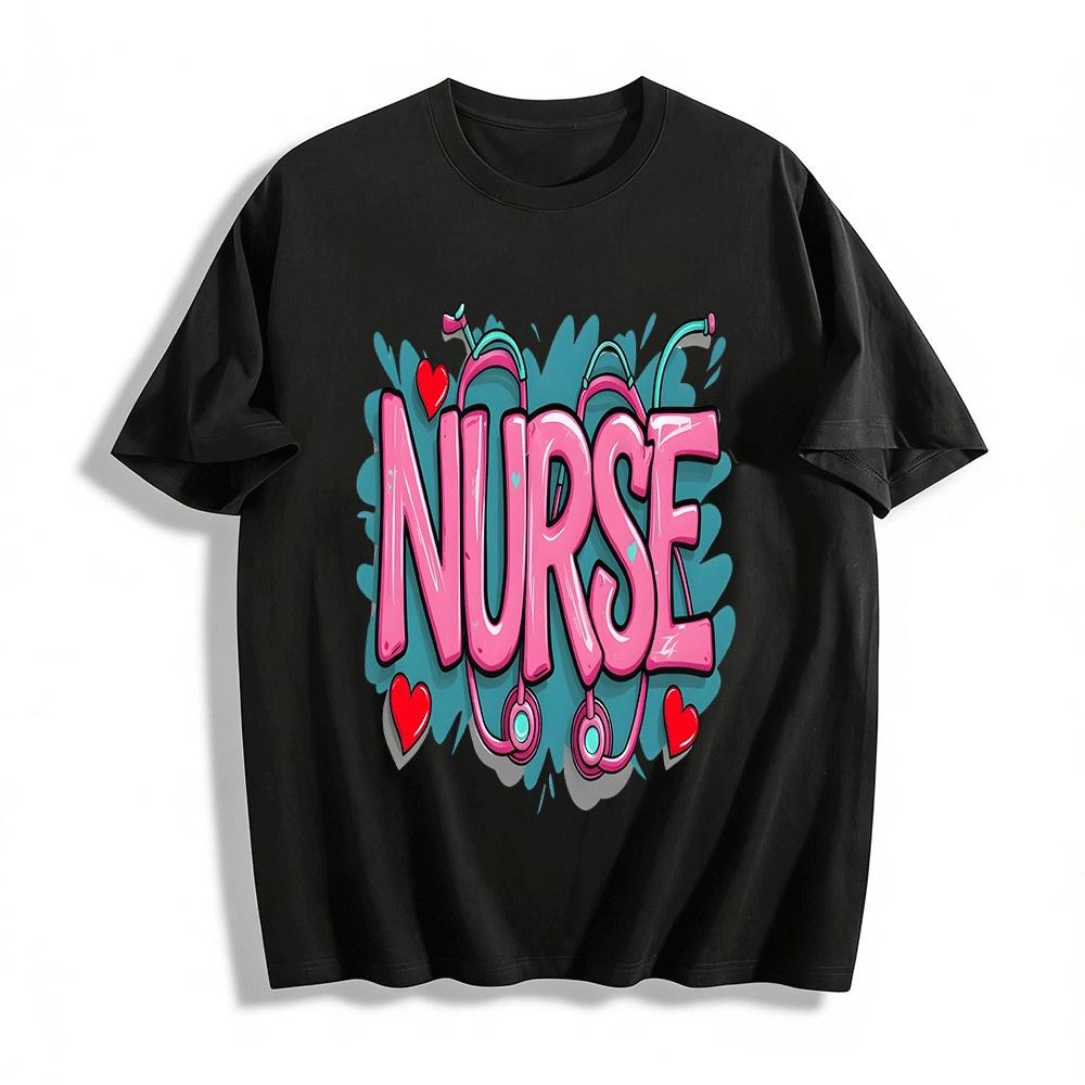 Fun Stethoscope Heart Nurse Themed Print Casual Top Pure cotton T-shirt XXS