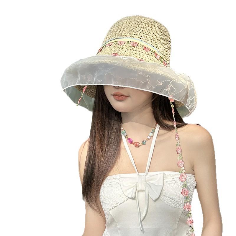 New Summer French Flower Lace Hollow Straw Hat Women's Beach Sun Protection Hat Knitted Sun Hat