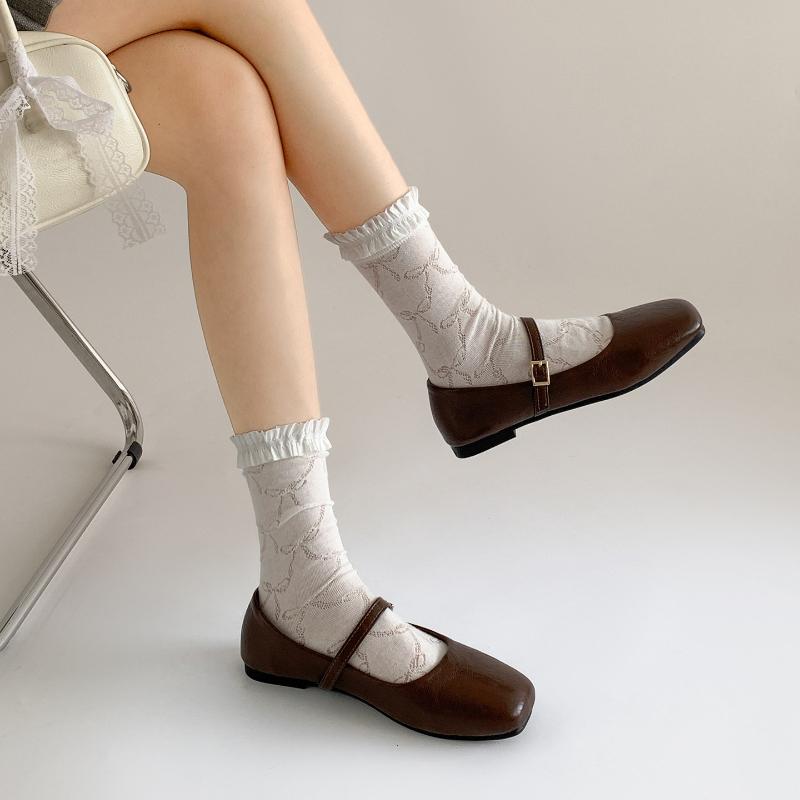 2026 New Spring Women Ballet Flats Comfortable Square Toe Shoes Street Style Soft Leather Ladies Eelgant Dress Mary Jane Shoes