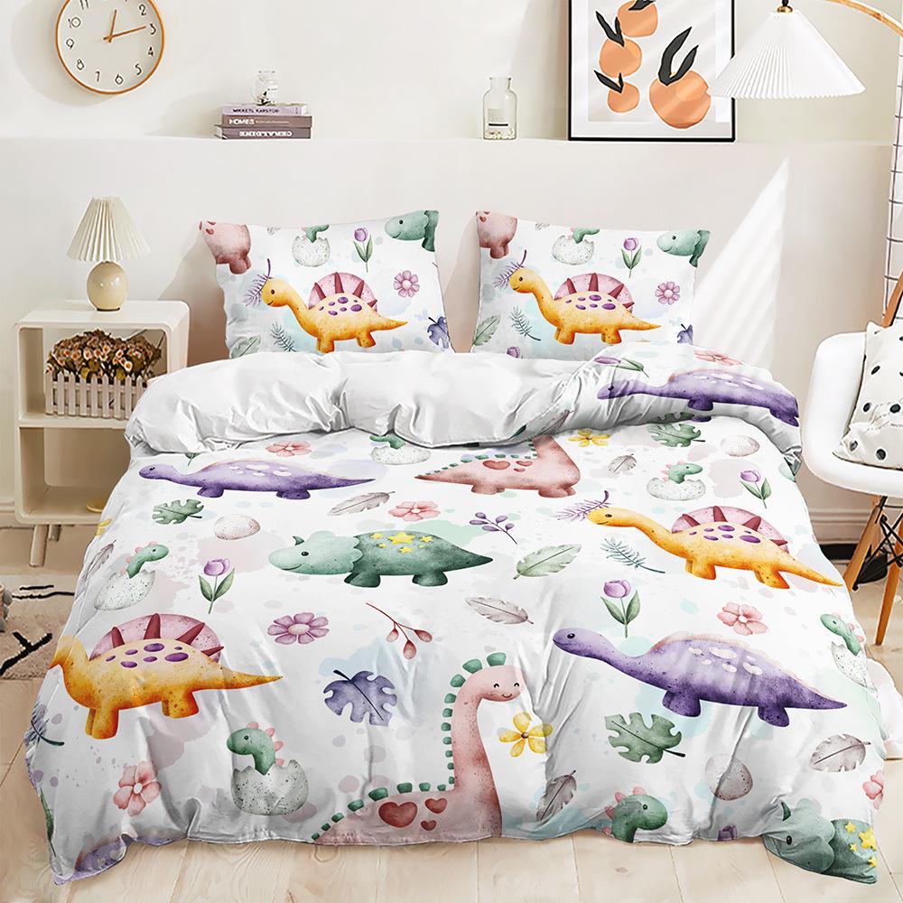 Cartoon Little Dinosaur Three-Piece Digital Printing Duvet Set Suitable For Children'S Bedroom Decoration
