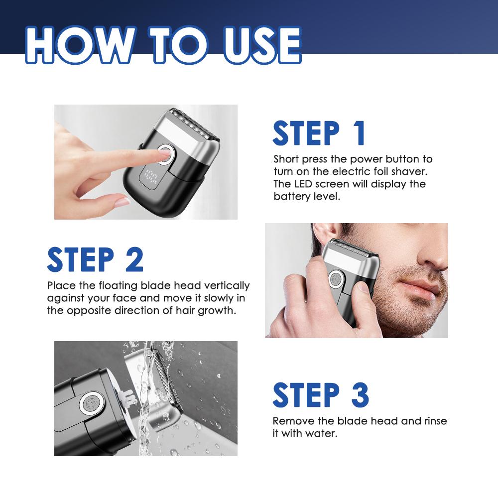 Mini Electric Shaver for Men Waterproof Rechargeable Razor LED Display Portable Travel 3 Floating Blade Heads Face Shaving