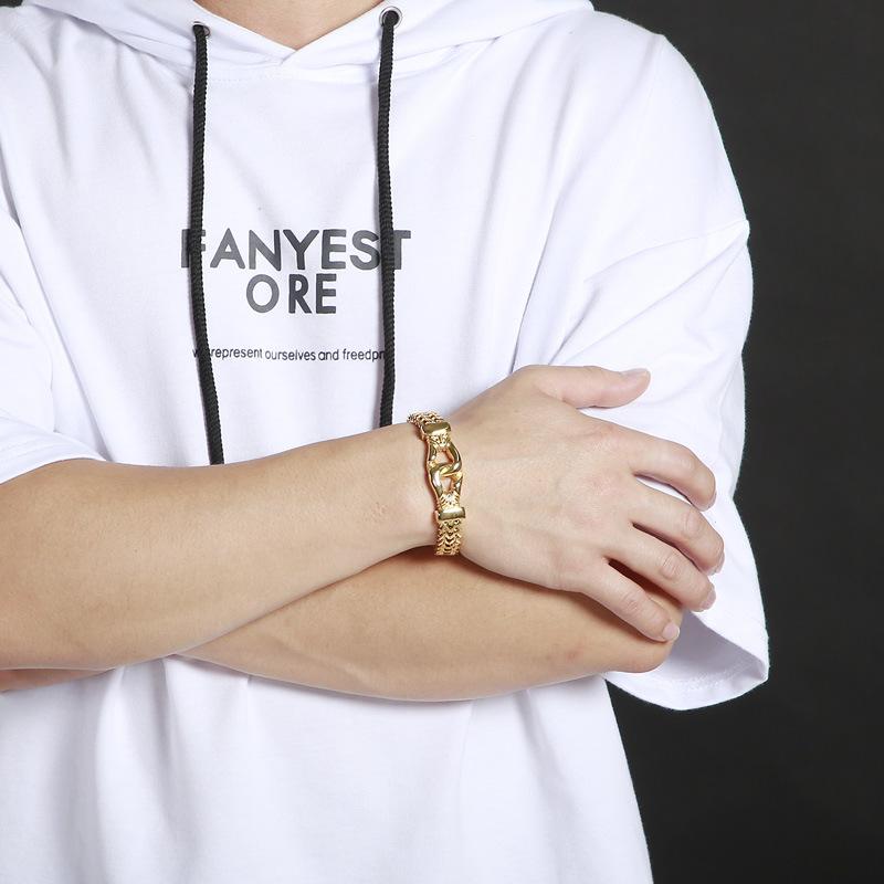 Rock And Roll Hip-Hop Stil Dubbelradig Köl Guld Herr Titanstål Armband