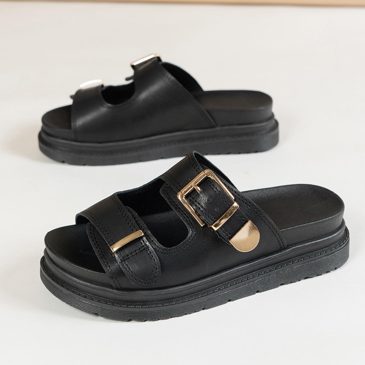 

Большого размера шлепанцы на плоской подошве с крутой пряжкой для женской новой моды 2025 года, уличная обувь, женские сандалии с одной перемычкой 43 чёрный