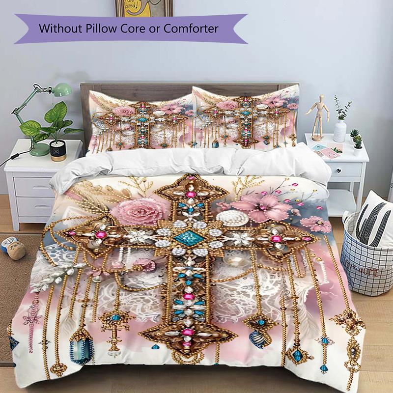 

3pcs Jeweled Cross Printed Quilt Set, Includes 1 Quilt Cover and 2 Pillowcases 135x200cm