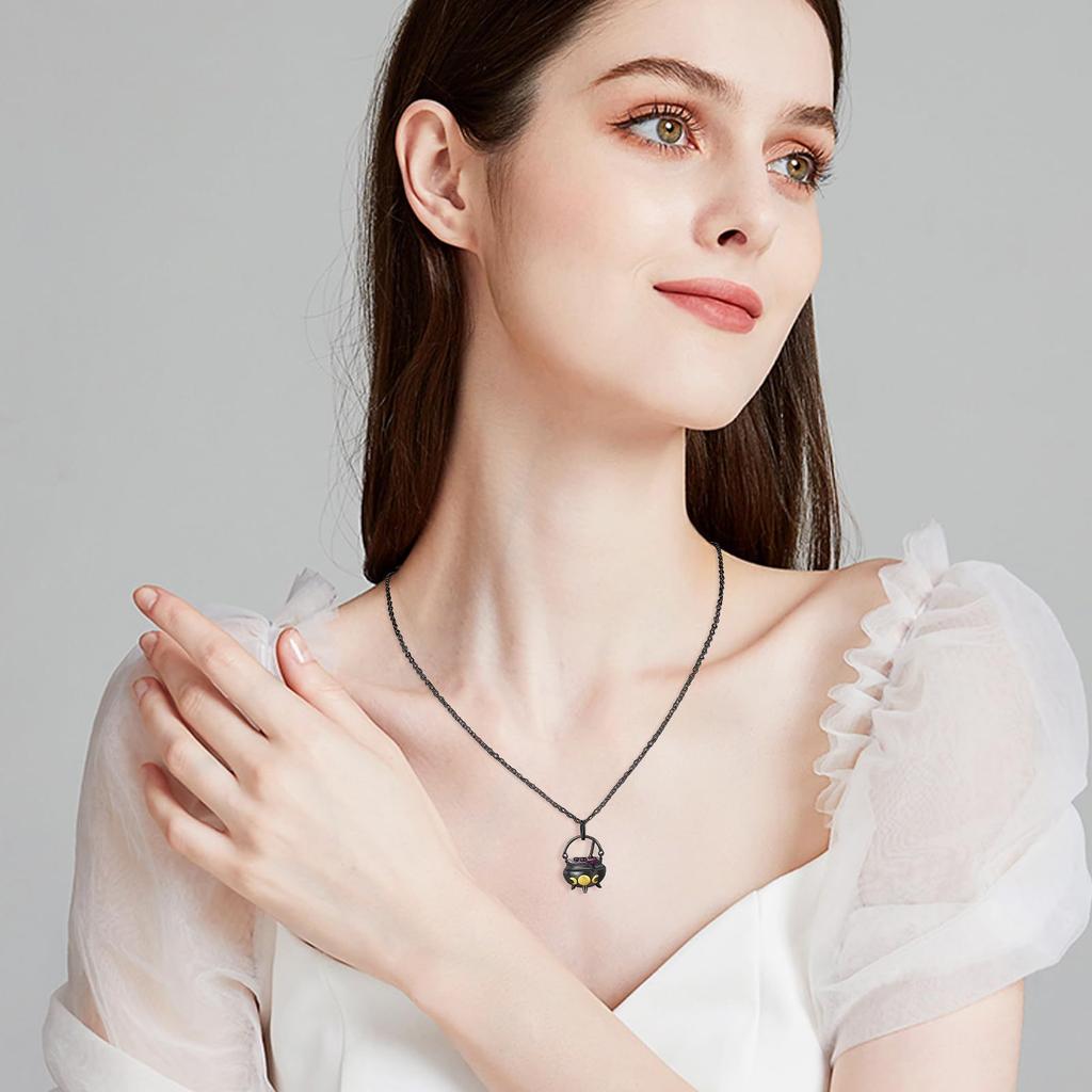 Halloween Gothic Clavicle Necklace, 3D Witch Magic Cauldron Triple Moon Pendant Necklace, Dark Style Statement Neck Accessory