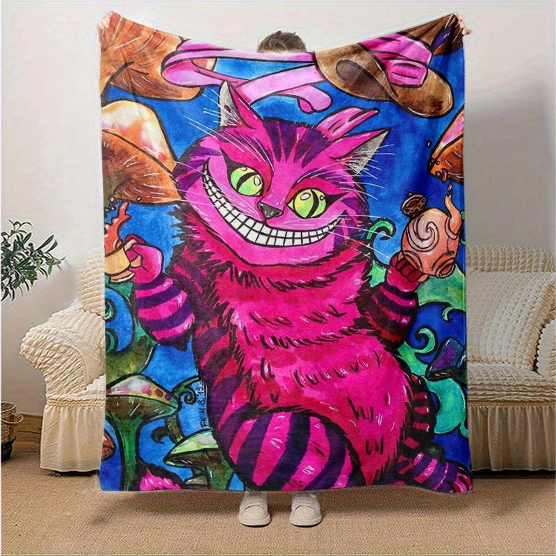 1PC Colorful Cheshire Cat Blanket - Seasonal Home Decor, Soft Flannel Throw Blanket, Living Room, Travel, Camping, Car Blankets, Beach, Offi