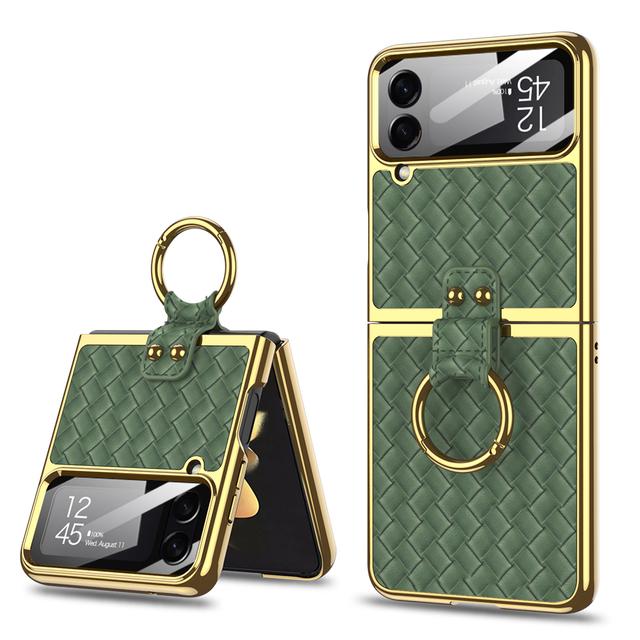 

Роскошный плетеный чехол из искусственной кожи с подставкой для Samsung Galaxy Z Flip 4, 5 г, жесткий чехол с кольцевым кронштейном для Samsung Z Flip4, чехол case with ring зелёный