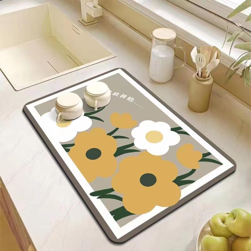 Natural Diatomite Drying Mat with Fast Water Absorption, Heat Resistant Kitchen Pad for Dishes & Cookware - 30x40cm To 40x60cm Floral Design