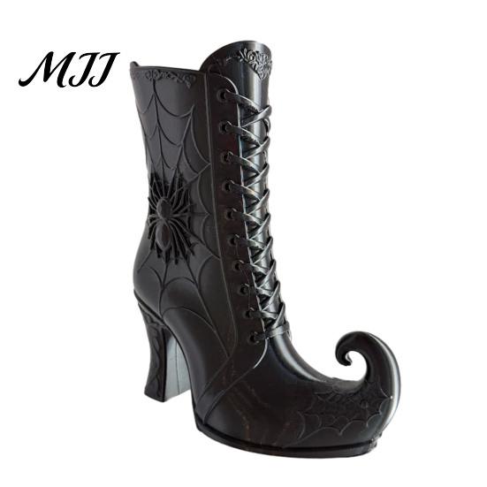 Mysterious Desktop Accent Gothic Witch Boot Vase, Halloween Table Centerpiece Black Spider Web Style Gift High Heel, Flower Holder for