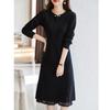 Plus Size Women's Mid-Length Black Dress with Lace Patchwork - Slimming Waist, Perfect for Spring, Autumn, and Winter