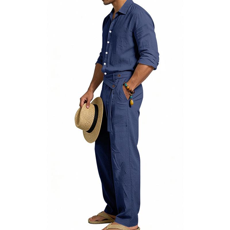 2026 European Men's Casual Loose Linen Lapel Shirt & Long Pants Set - Breathable Cotton Blend