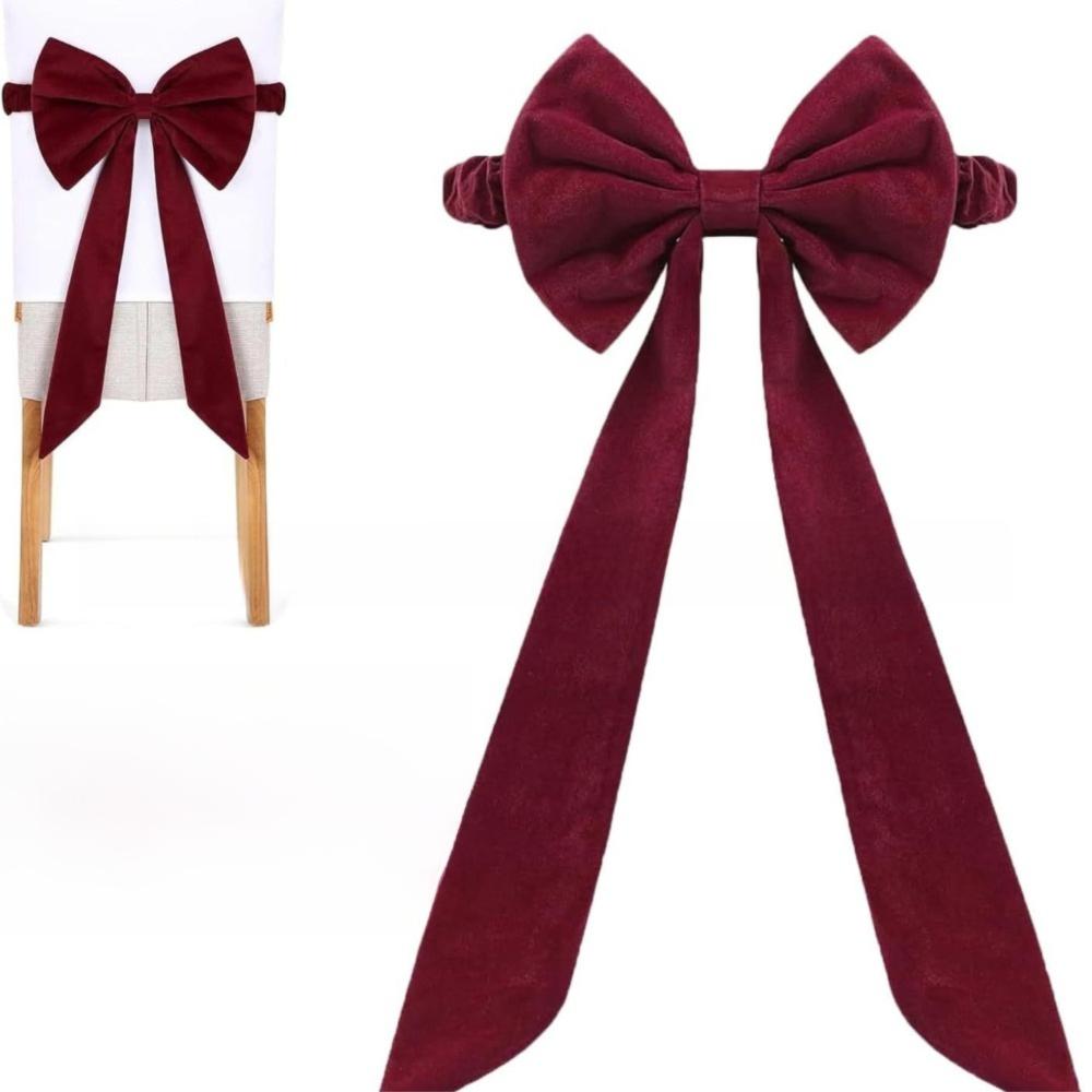 Velvet Christmas Red Chair Bows Elastic Ribbon Gift Bows Burgundy Chair Sashes Dining Chair Cover