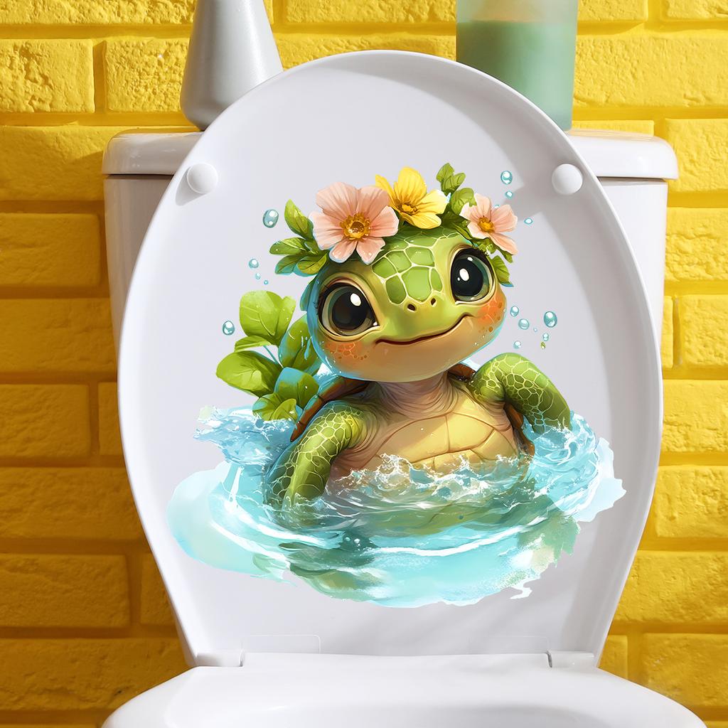Cute Turtle with Hair Bow Toilet Stickers, Waterproof Self-Adhesive for Bathroom Decor, Sweet Marine Animal Decals