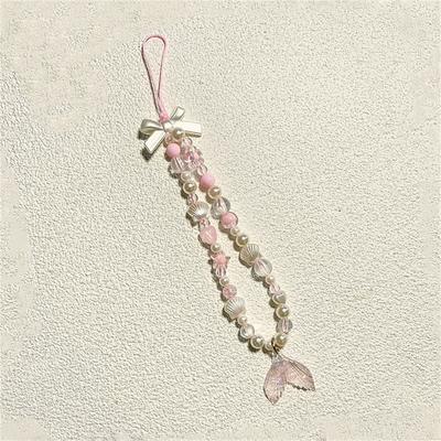 Lovely Bow Fishtail Shell Shell Beaded Pendant Phone Chain Compatible With iPhone Jewelry Strap Gift Girl Keyring Hanging Decor