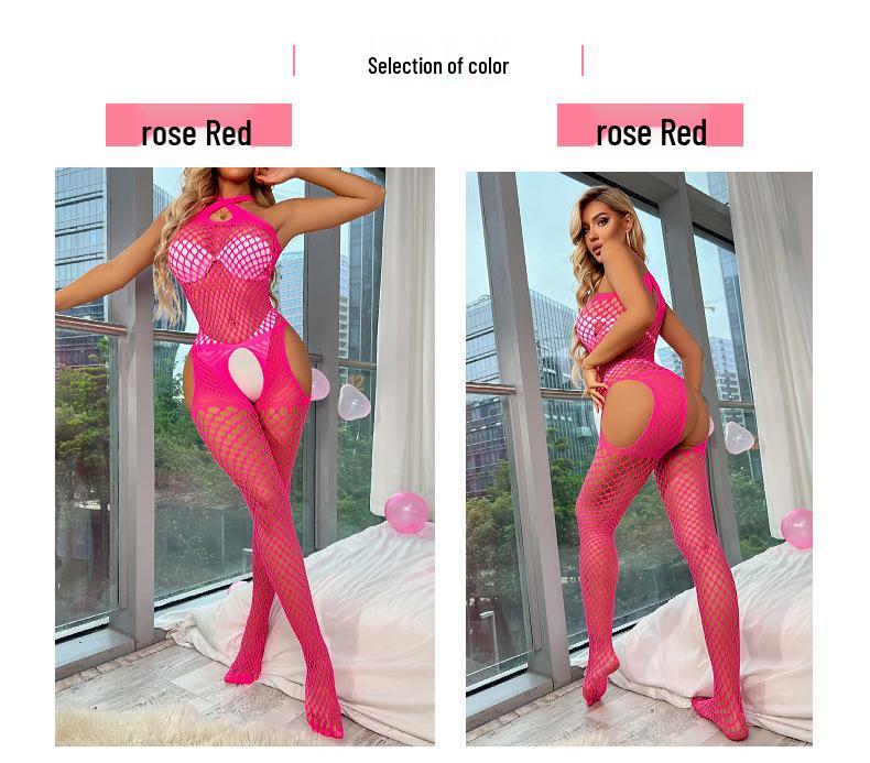 Cross-Border Sexy Criss-Cross Halter Open Crotch Fishnet Bodystocking with Stockings