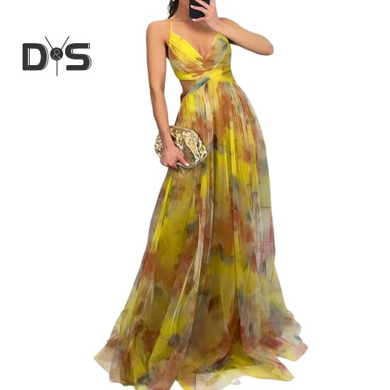 

Женское платье макси на тонких бретельках с цветочным принтом в стиле бохо, глубоким V-образным вырезом, сетчатым плиссированным платьем, летнее пляжное вечернее длинное платье-свитер XL жёлтый