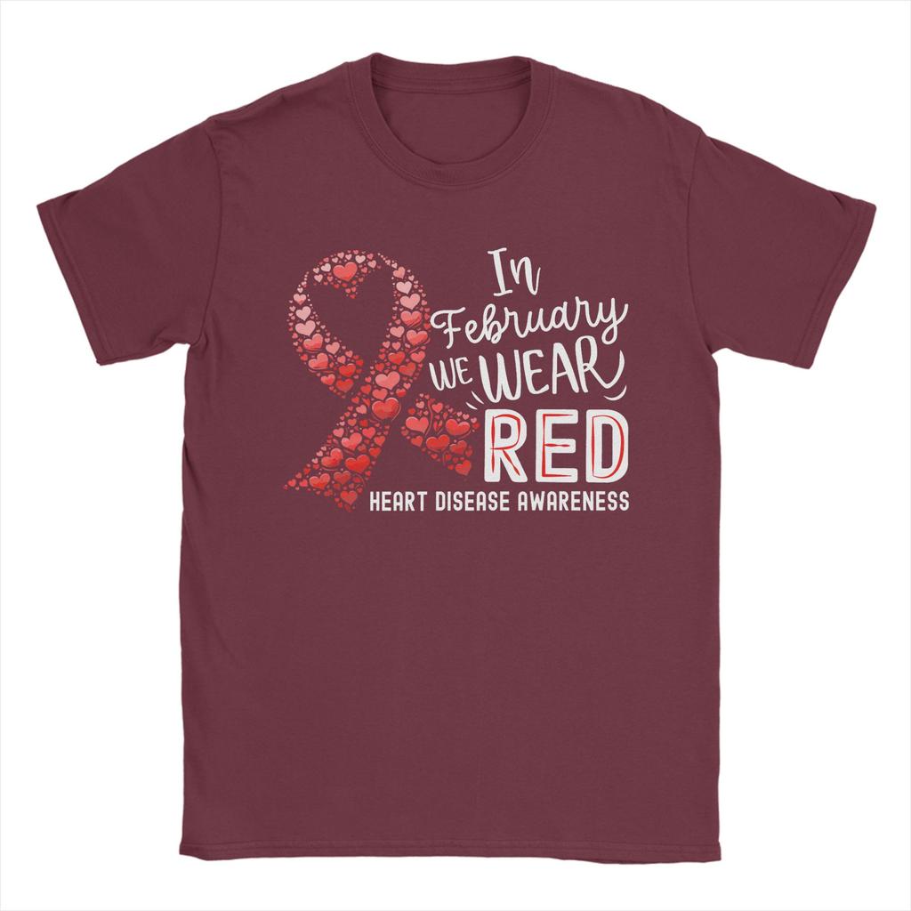 Unisexs In February We Wear Red Heart Disease Awareness Month Ribbon T Shirts  Pure Cotton Clothing Awesome Round Collar Tee Shirt