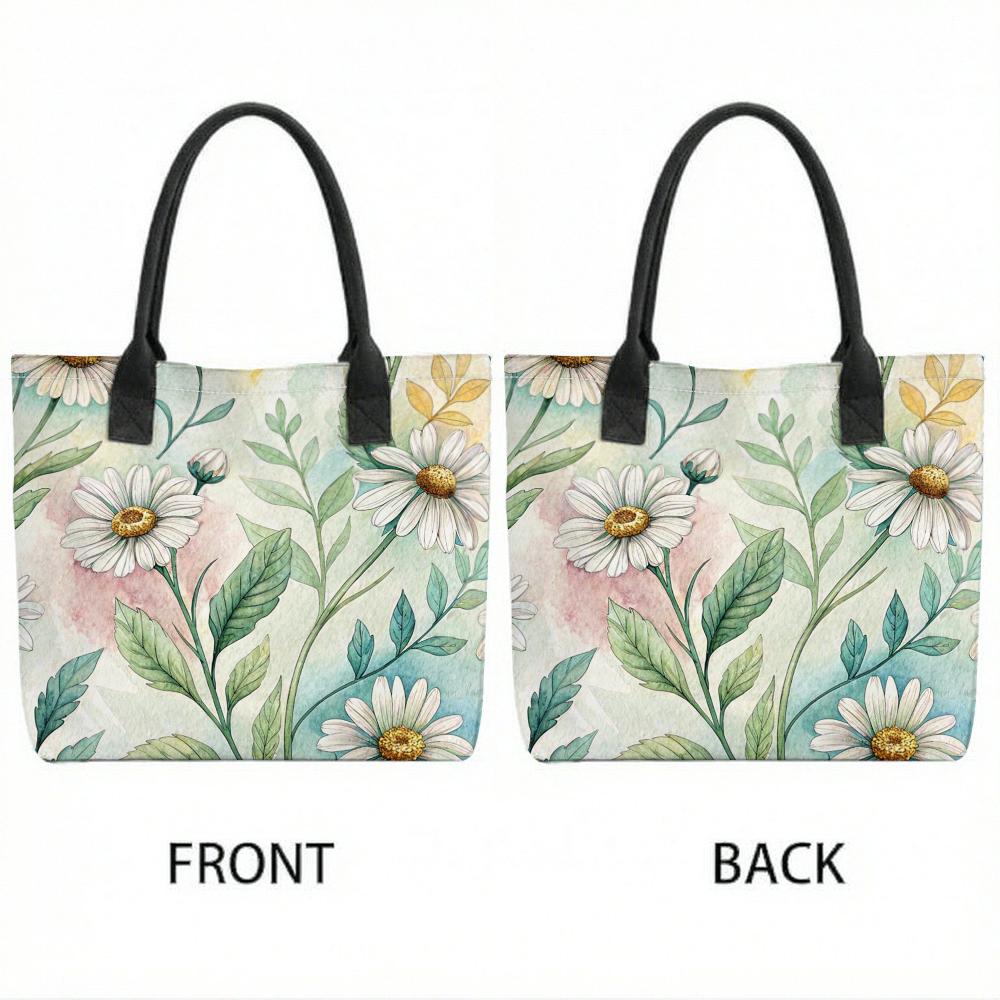 Watercolor Daisy Print Canvas Tote Bag Large Capacity Casual Daily Shoulder Handbag for Women Outdoor Shopping Travel