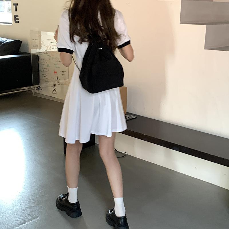 New Simple Silk Cloth Black Chain Bucket Bag Korean Version Drawstring Tie Large Capacity Backpack