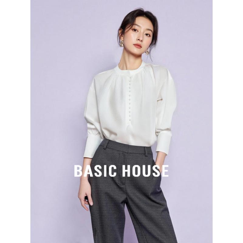 Basic House Women s French Stand-Collar Long-Sleeve Blouse M