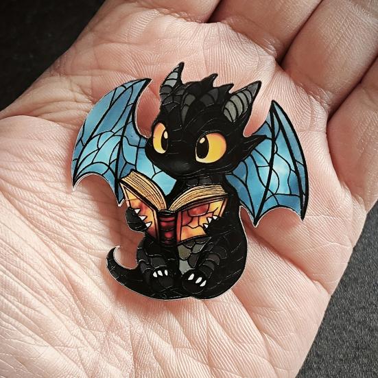 2D Book Fantasy Dragon Brooch Pin Acrylic Literary Gift for Readers