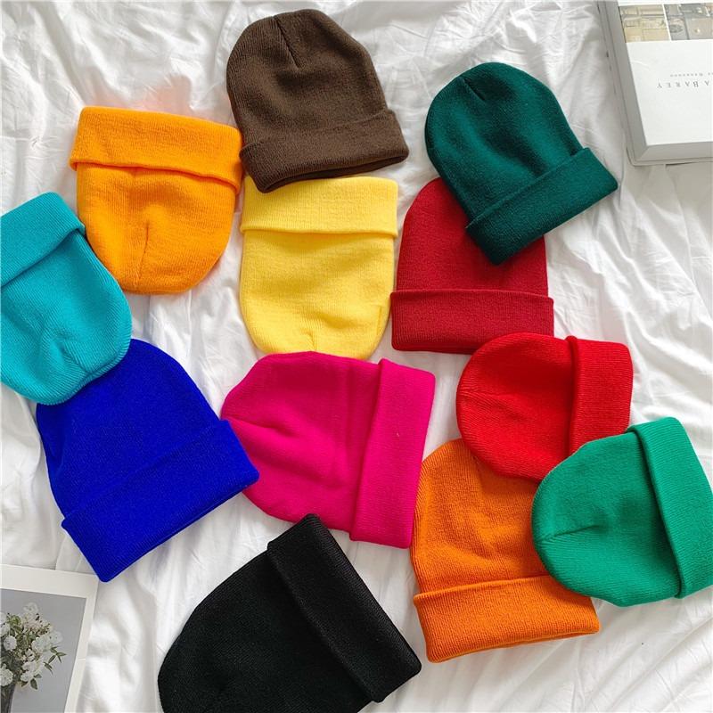 Solid Color Knitted Hat Female Harajuku Versatile Thin Student Wool Hat Female Autumn and Winter Tide Candy Color Pullover Hat