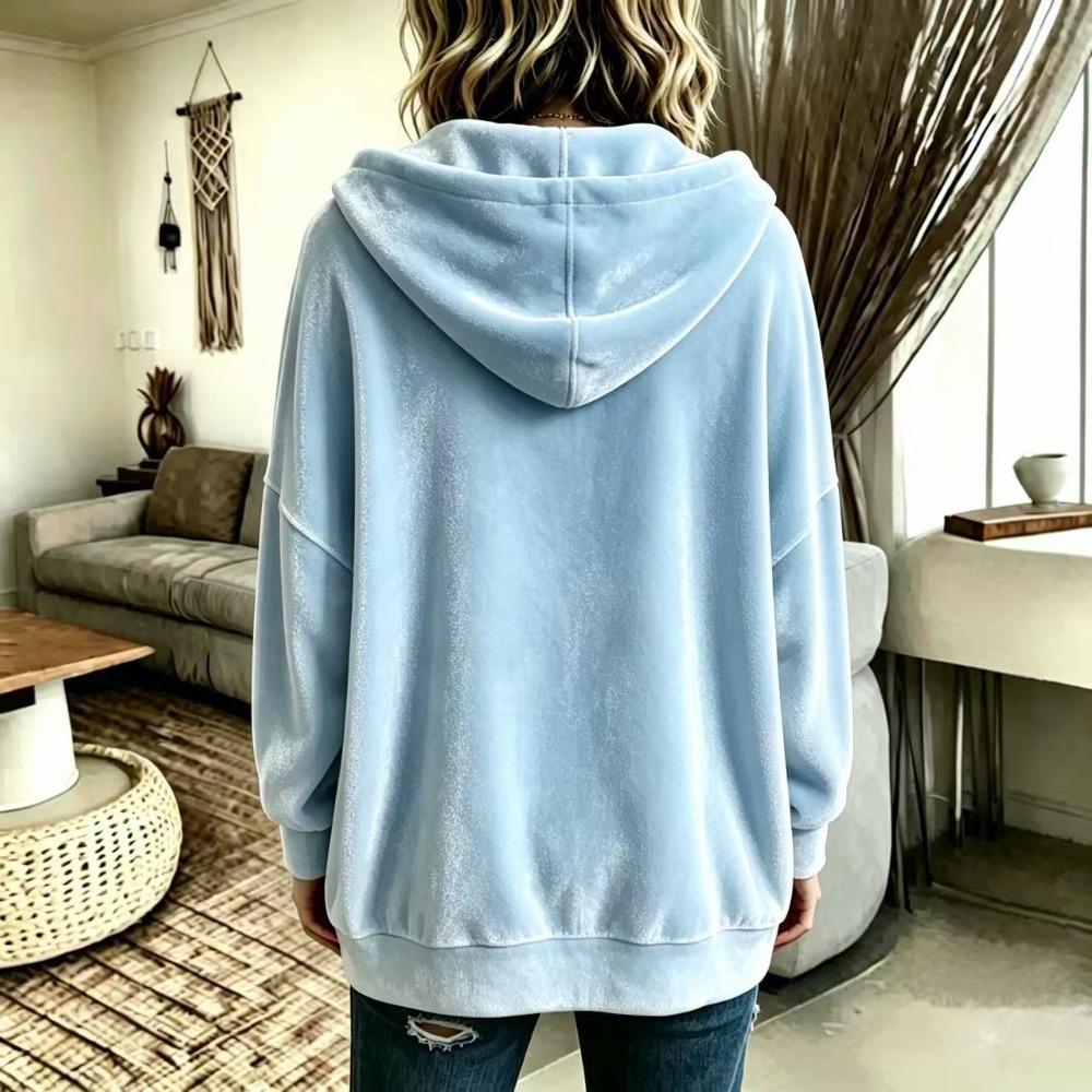 Autumn Winter Solid Color Casual Fashion Button Hooded Gold Velvet Long Sleeve Cardigan Coat Women