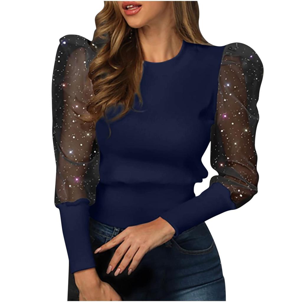 Women Puff Sleeve Tops  Crewneck Sequin Casual Blouse Slim Comfy Bottomed Shirts Flexible  Pullover