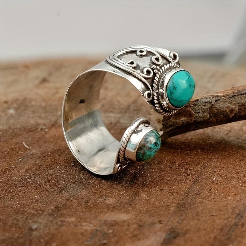 Vintage Boho Style Synthetic Faux Gemstone Ring with Zinc Alloy, Single Ring, Mosaic Design, Adjustable Band, Fashion Jewelry Accessory