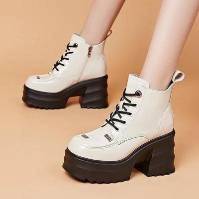 Autumn Women's Platform Shoes Lace Up Square Toe Chunky Heel Women's Ankle Boots Outdoor High Heel Motorcycle Boots for Women