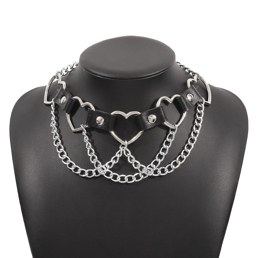 Women Hip Hop Punk Style Exaggerated Necklace Metal Texture PU Heart Jewelry Trendy Cool Personality Clavicle Necklace Jewelry