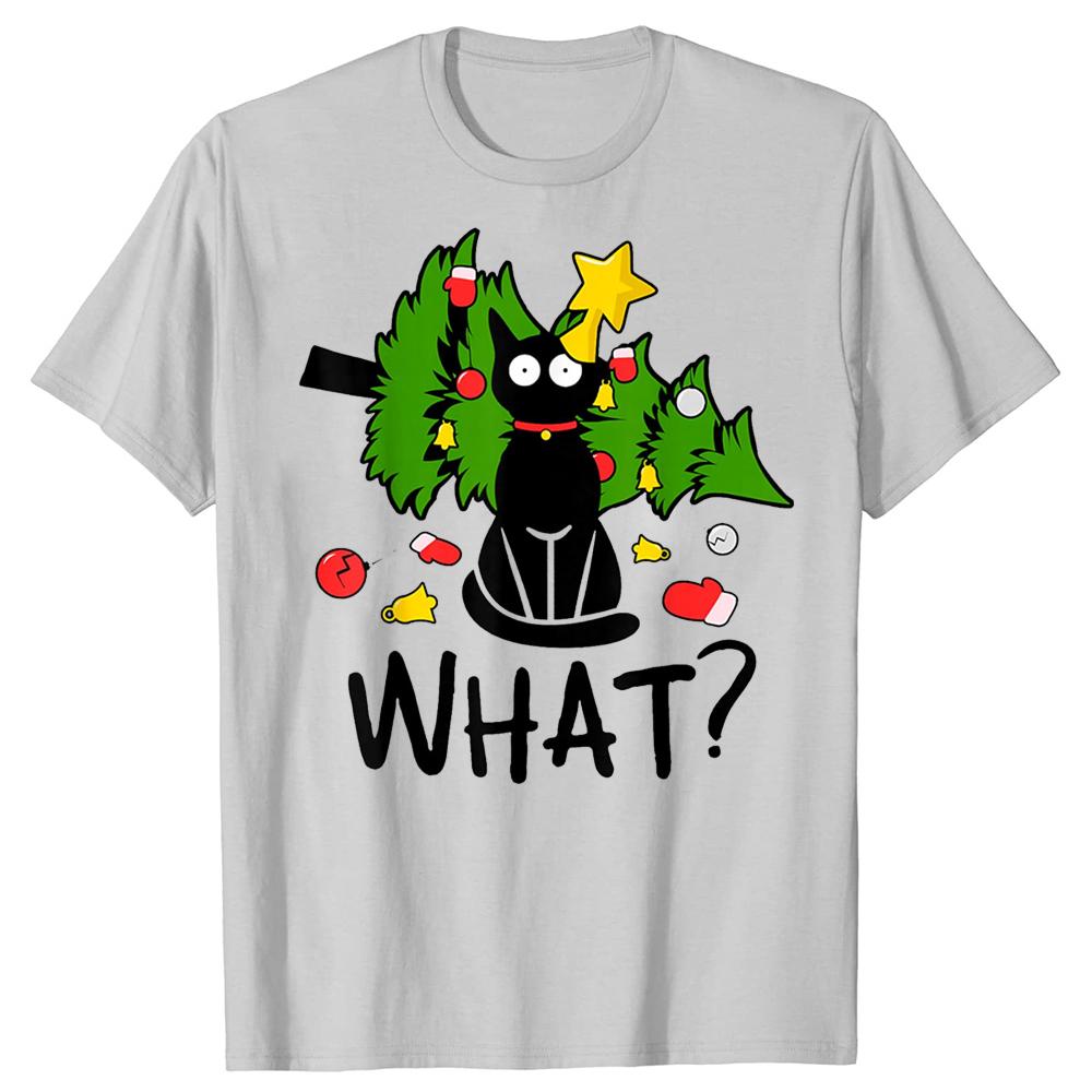 Funny Black Cat Christmas Tree Merry Xmas Humor Cat What Tshirts Men Fashion Cotton Oversized Crewneck Collar Hip Hop T Shirt
