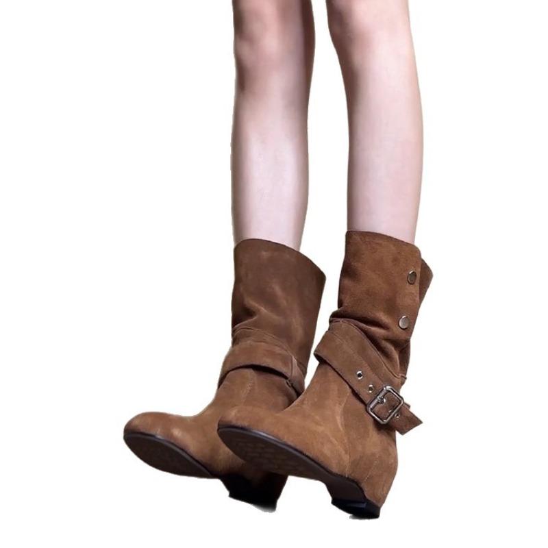 Cowhide Version~ Maillard Niche Fashionable Western Boots Women's Belt Buckle Two Wear Matte Stacking Boots Inner Height-increasing Short Boots