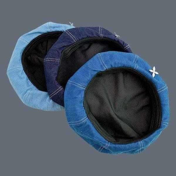 Washed denim hat women's autumn versatile beret retro octagonal hat big head circumference showing face small painter hat