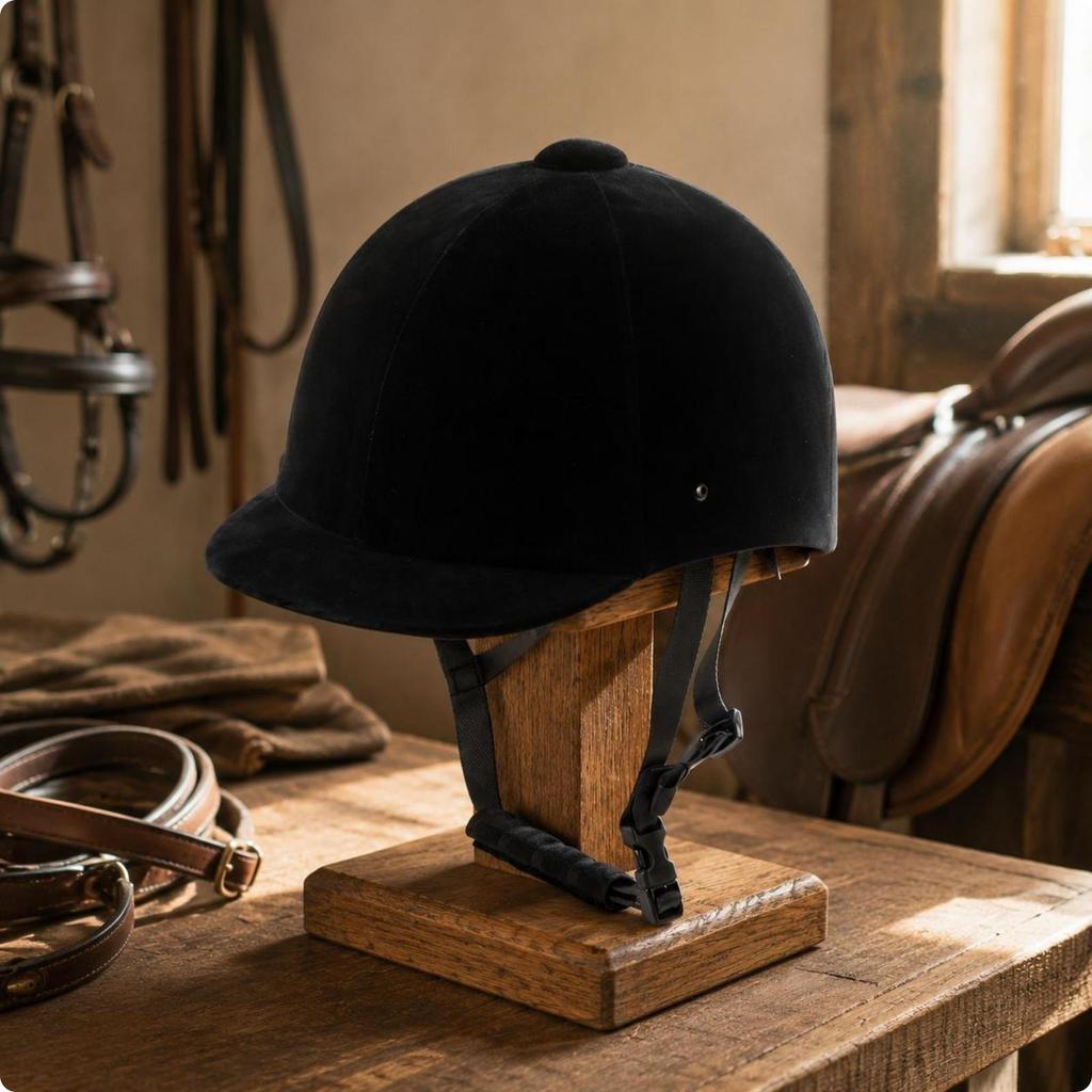Casco de Montar de Terciopelo con Carcasa Redondeada, Ala Corta Negra, Equipo Deportivo para Jinetes