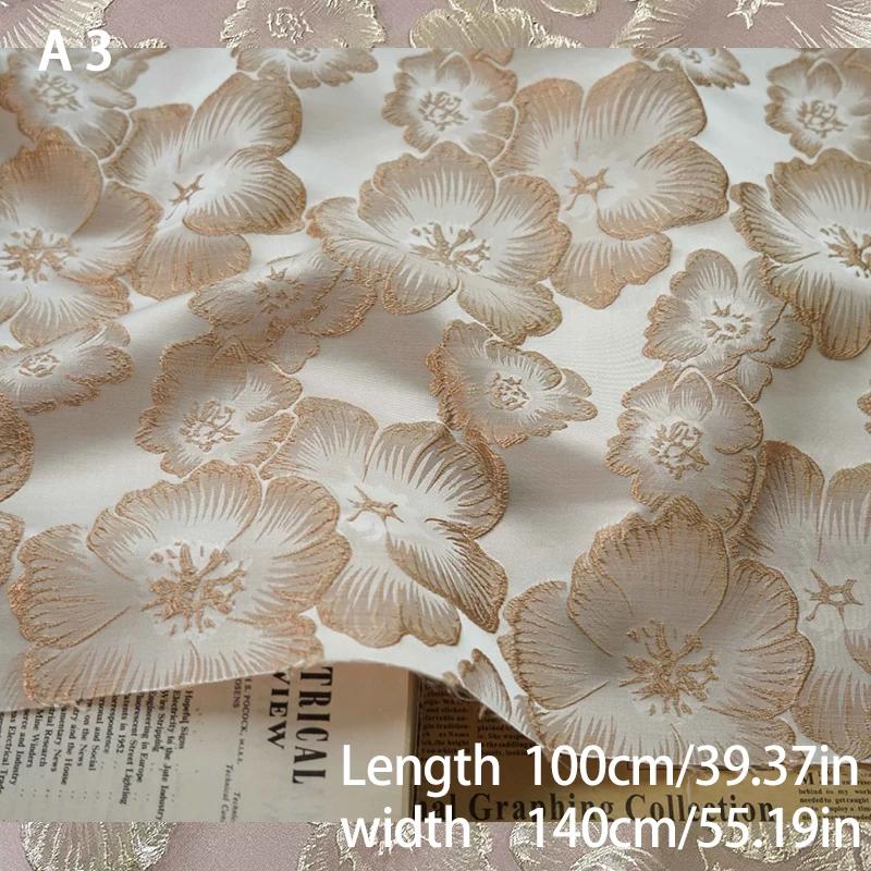 Elegant Bronsguldtråd Blommönster Jacquardtyg 3D Präglad Diy Sy Hanfu Cheongsam Klänning Väska Tyg Hemtextilier