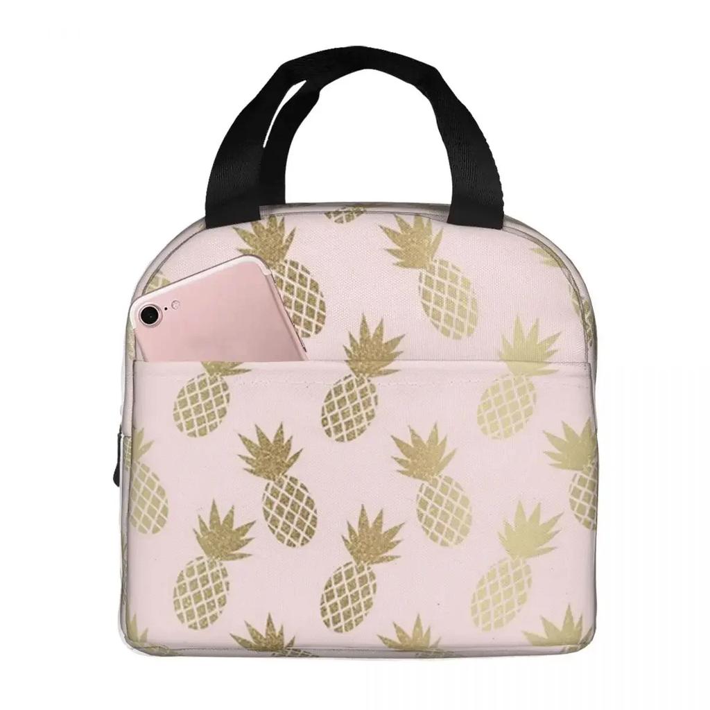 Gold Pineapple Pattern Insulated Lunch Bag for Women Kids Portable Food Boxes Thermal Lunch Box Tote