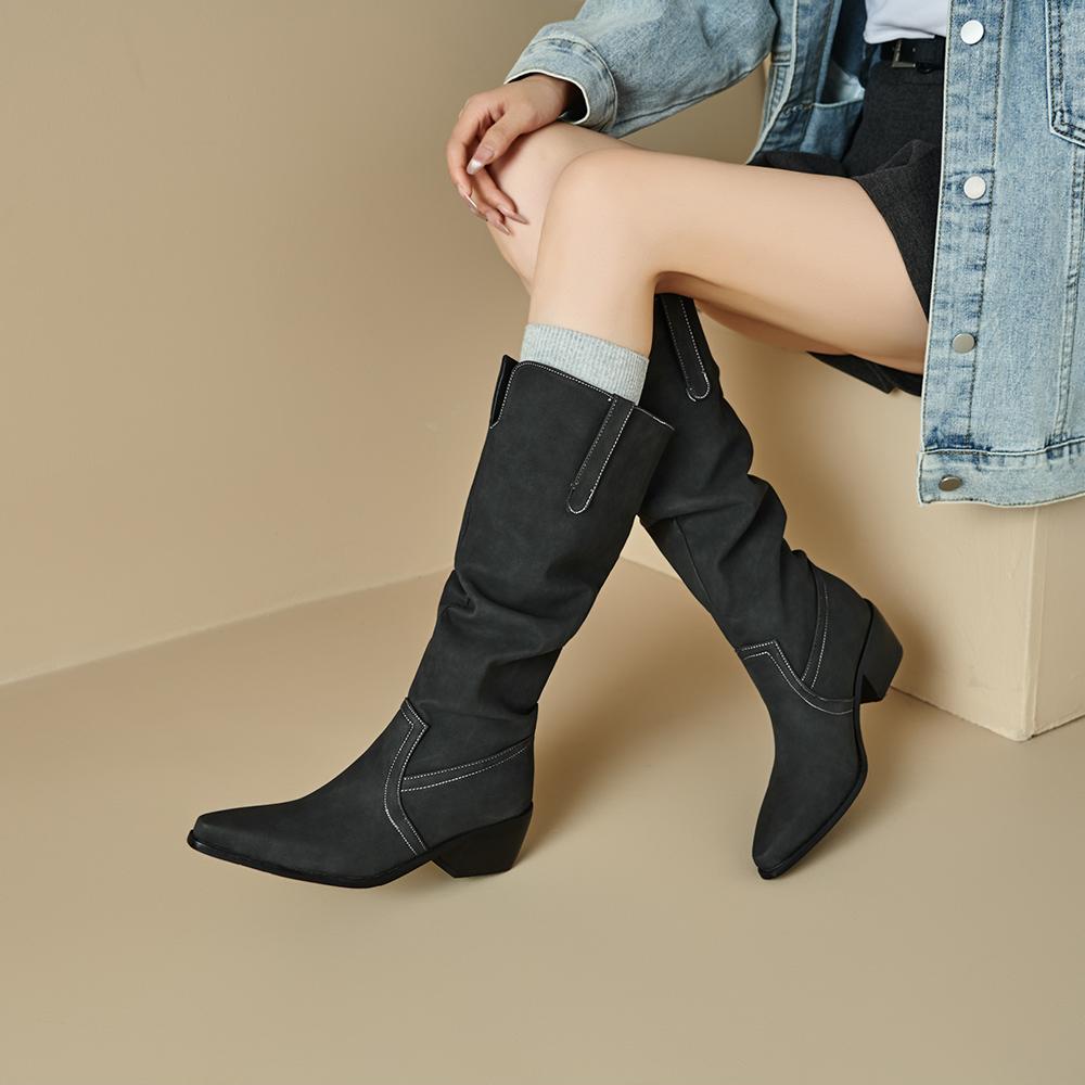 Grey Black Women Knee High Boots High Square Heel Small Big Size 32 48