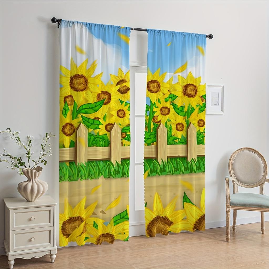2pcs Sunflower Pattern Curtains, Rod Pocket Decorative Window Drapes Window Treatments For Bedroom Living Room Home Decoration