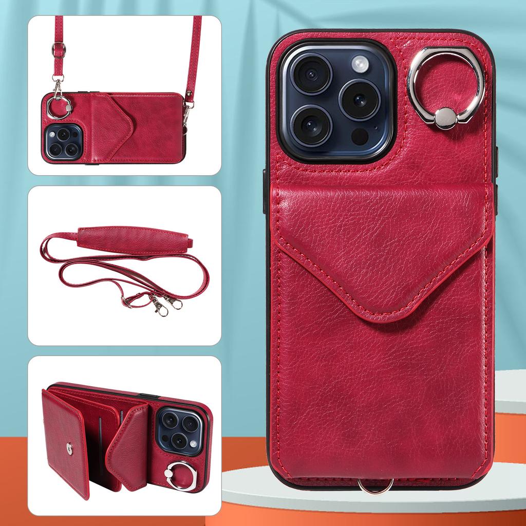 Suitable for iPhone16 Mobile Phone Case 15plus Lychee Pattern Ring Buckle Card Bag Diagonal Span Protective Case 14Pro