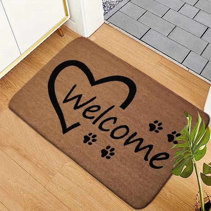 Welcome Heart Paw Print Entryway Doormat Non-Slip Washable Dirt Trapper Stain Resistant Floor Mat for Pet Lovers