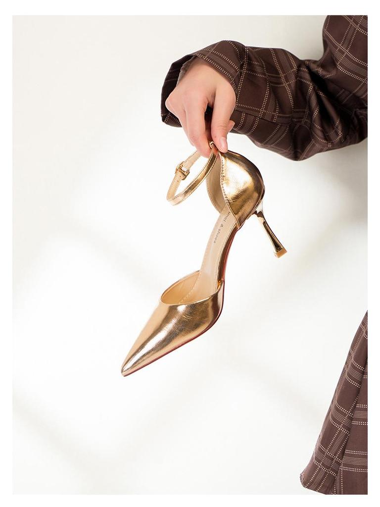 6693-1 Metallic Design One-Strap High Heels - Women's Sexy Pointed Toe Shoes