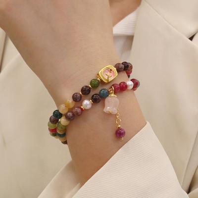 Yousheng Women Bracelet Colorful Smooth Vintage Aexquisite Elastic Luxury Lightweight Bracelet Faux Pearl Faux Tourmaline Release Stress Enhance
