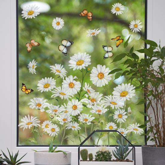 Frühling Sommer Blumen Fensteraufkleber Schmetterling Wildblumen Fensterdekor Doppelseitig Floral Statische Glasaufkleber für Zuhause Büro Schule Klassenzimmer